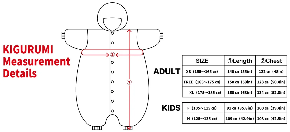 Kigurumi Onesie Size Chart