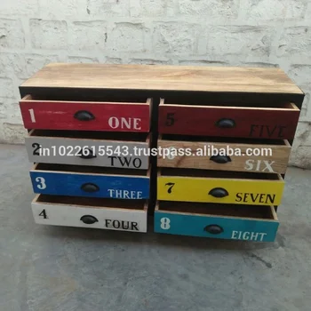 Industrial Mango Wood Iron Chest Of Drawer Colourful Wood And