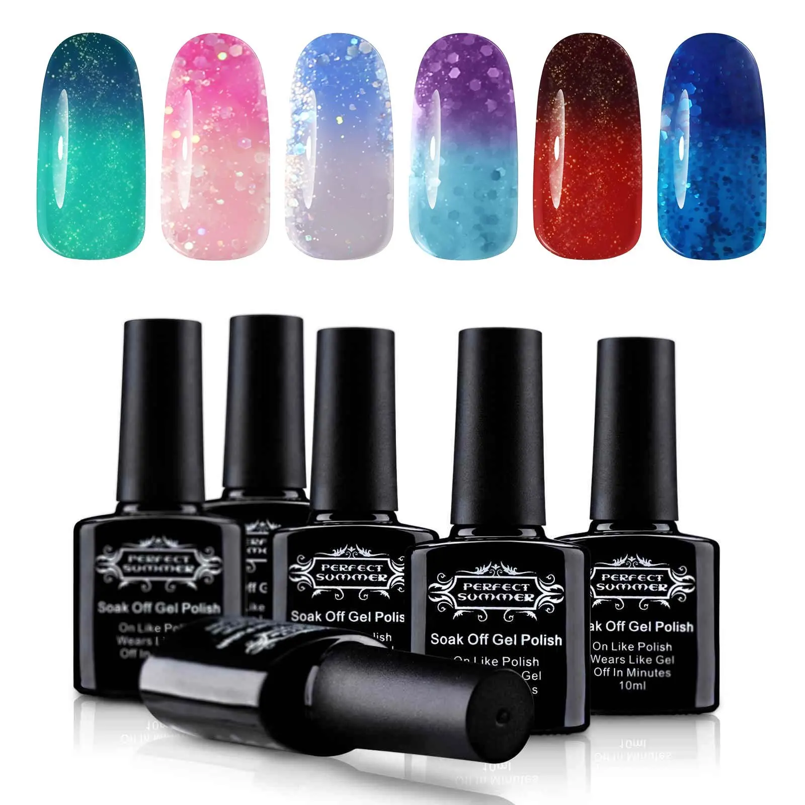 Soak Off UV/LED Gel Nail Polish, Mood Changing, Temperature Colors Changes Perfect Match Thermal Lacquers, Pack of 6 x 10ml -Set #03 by Perfect Summer