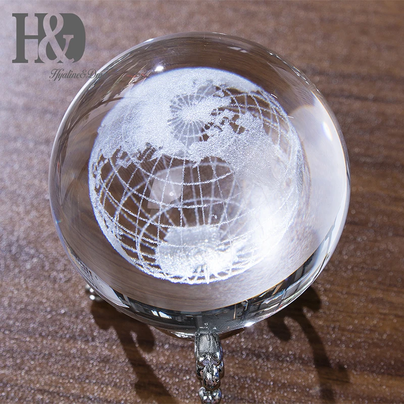 Handd World Globe Crystal Ball Glass Sphere Display Paperweight Healing Meditation Ball With Metal 8041