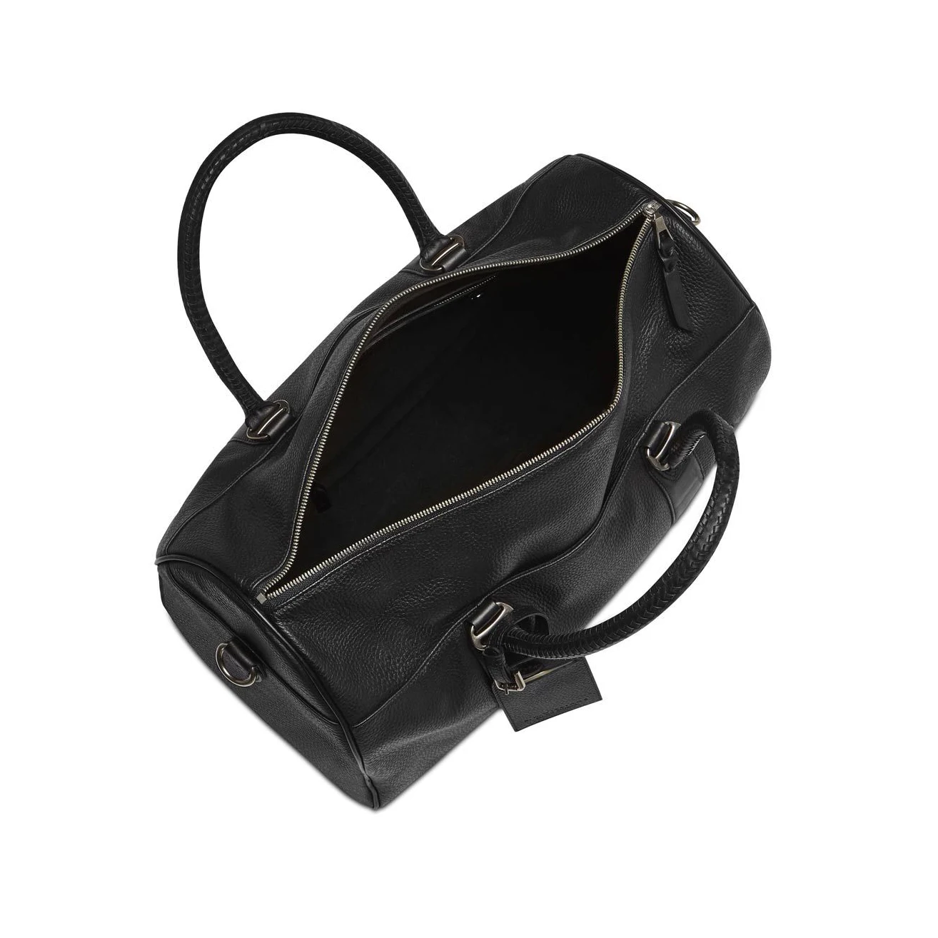 black leather duffle bag