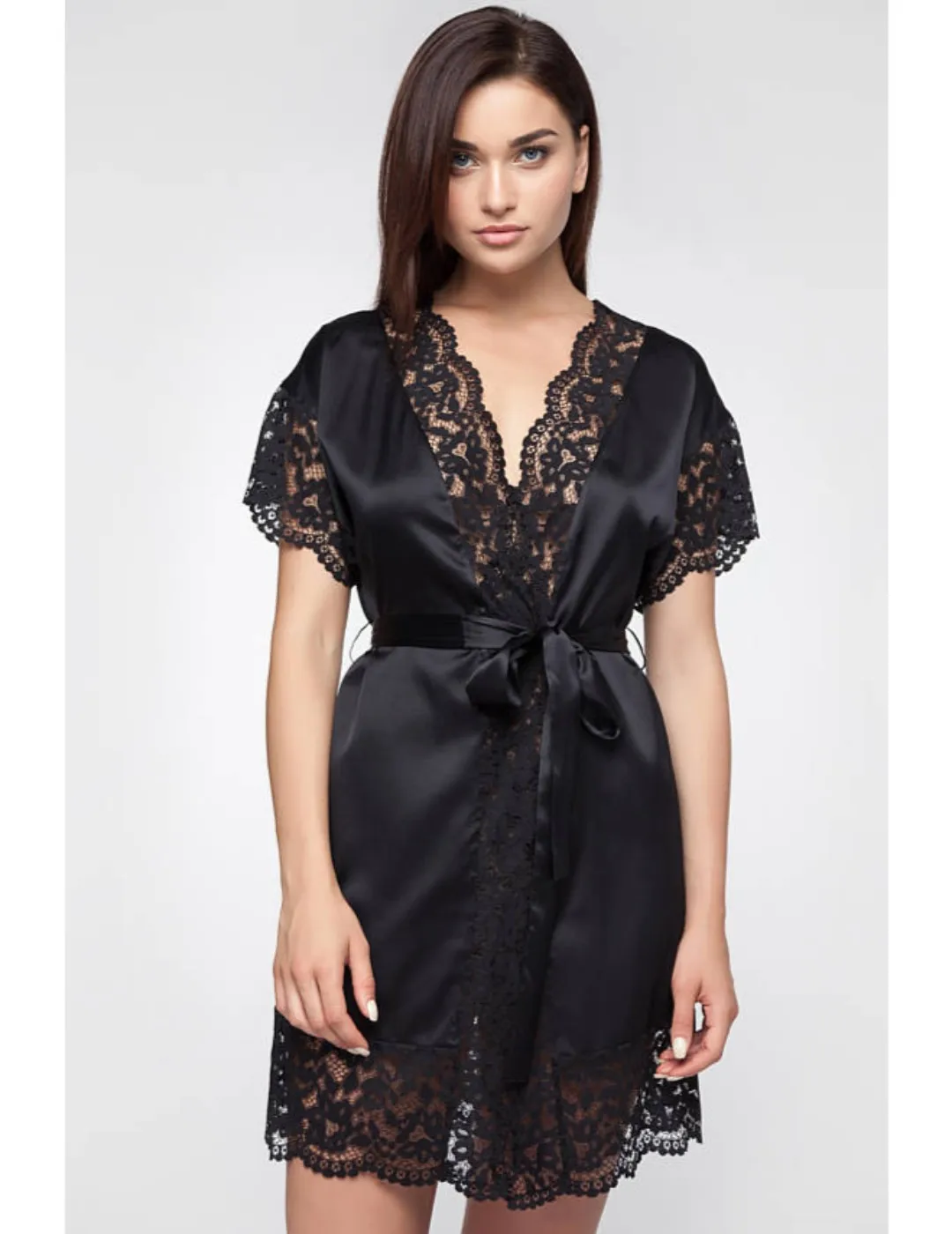 Short Black Poly Silk Lace Robe - Buy Lace Trimmed Black Robe,Fancy ...