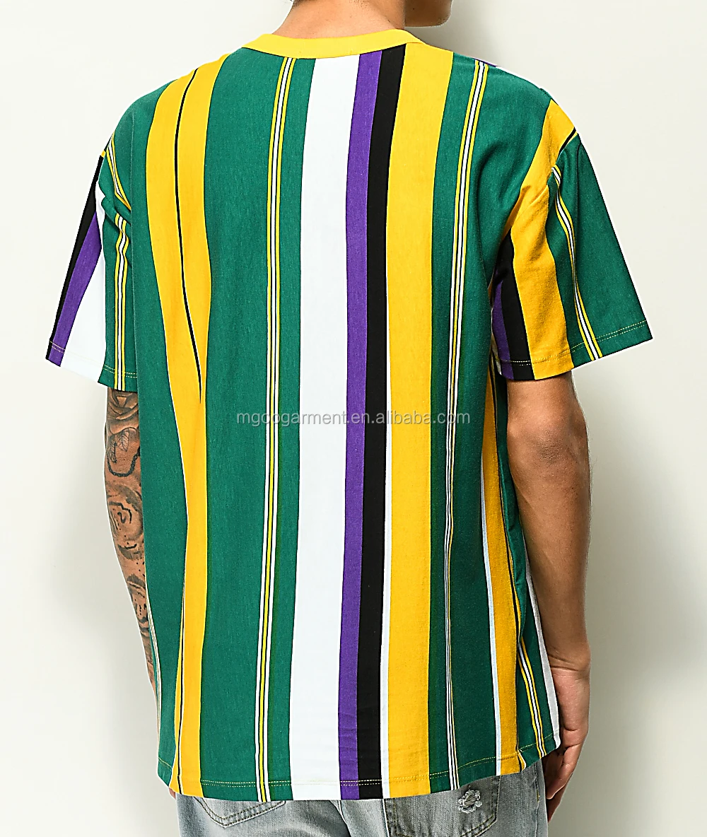 Green and Purple Vertical Stripes on White Designer Cotton Shirting