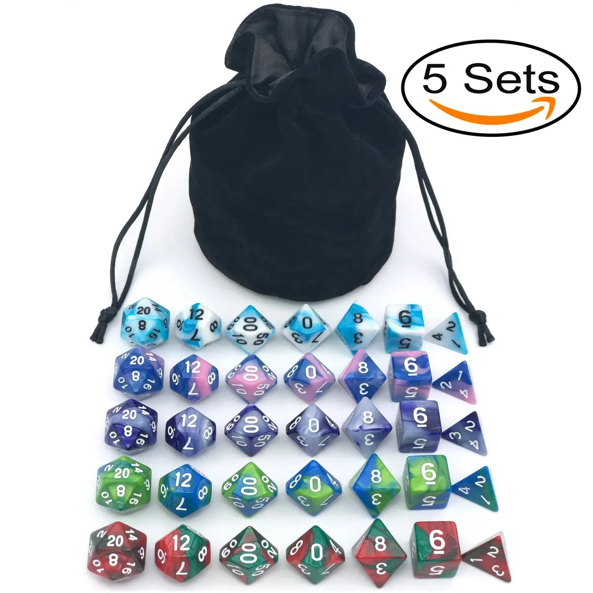 Dice Set for Dungeons&Dragons, DnD, RPG Games, Polyhedral Dice Set, Assorted Dice Set, 35 Total, 5 Sets with drawstring dice pouch