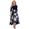 Loose Fit Navy Blue Elastic Waist Pleated Maxi Dresses Women Floral Pattern Dresses Women Ladies Elegant