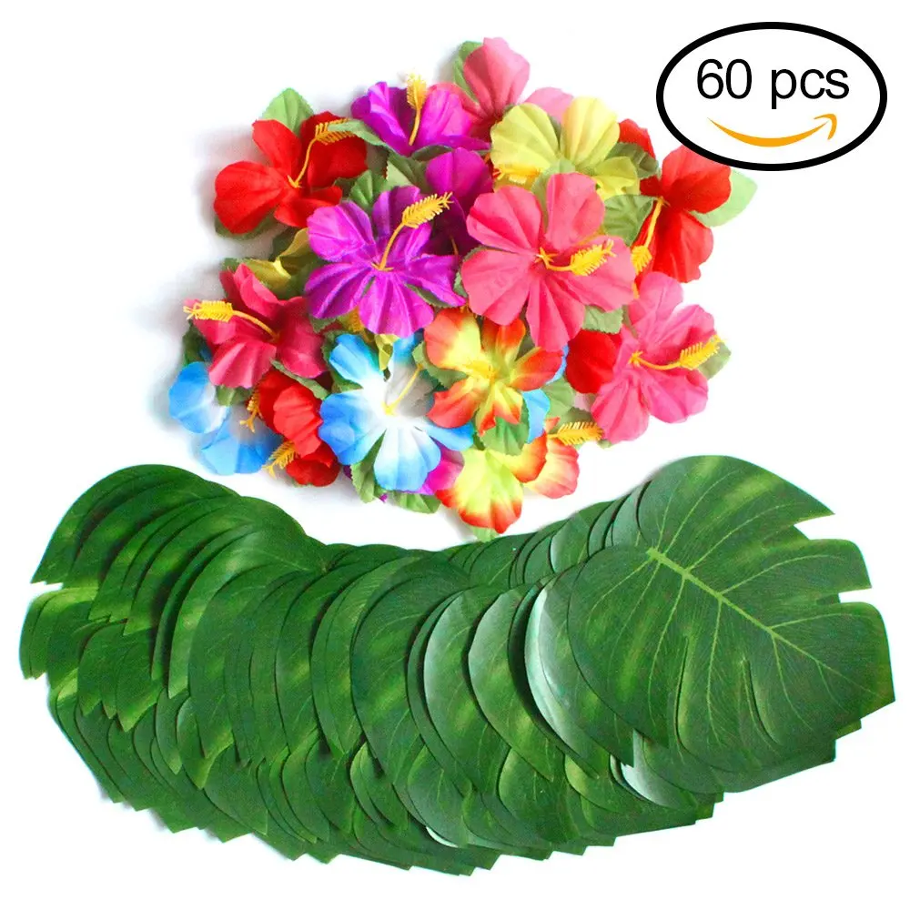 60 Pcs Tropical Party Decoration Supplies 8" Tropical Palm Leaves and Hibiscus Flowers, Simulation Leaf for Hawaiian Luau Party Jungle Beach Theme Table Decorations