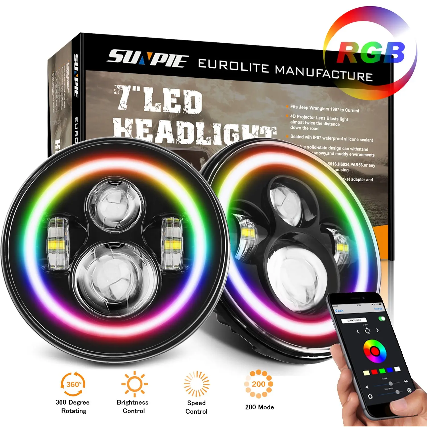 Get Quotations · 7" LED Headlight Lamp with Rotating RGB Halo Speech Brightness adjustment Bluetooth Remote for 1997