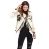 Geometric pattern fringed shawl overcoat with color long-sleeve knit cardigan women coat knitted fabric