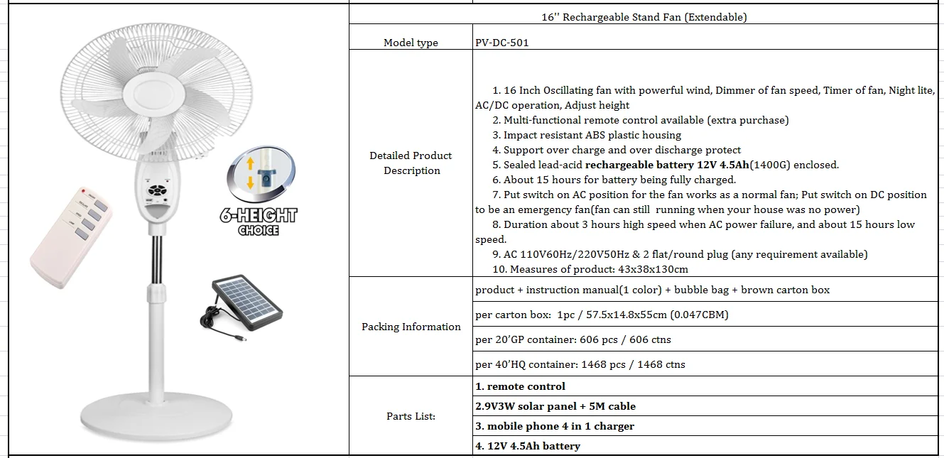 Factory 16" AC DC 12V solar emergency rechargeable fans with light