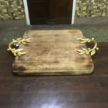 wooden tray with metal handles