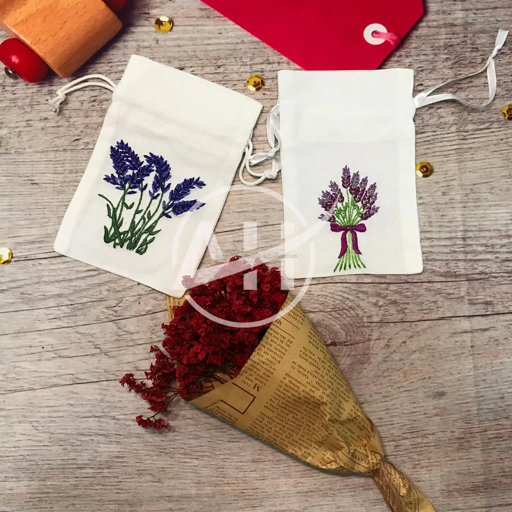 Small Embroidery Lavender Sachet Bag With Ribbon And Yellow Mimosa