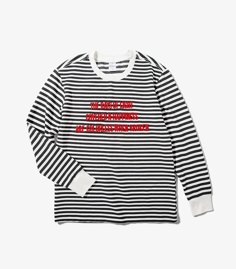 2019 OEM ODM Yarn Dyed Striped Long Sleeve T Shirt Men with 3D Embroidery
