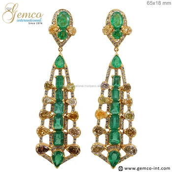 18 Carat Yellow Gold Earrings Slice Diamond Natural Emerald 18 Carat Yellow Gold Earrings Slice Diamond Natural Emerald