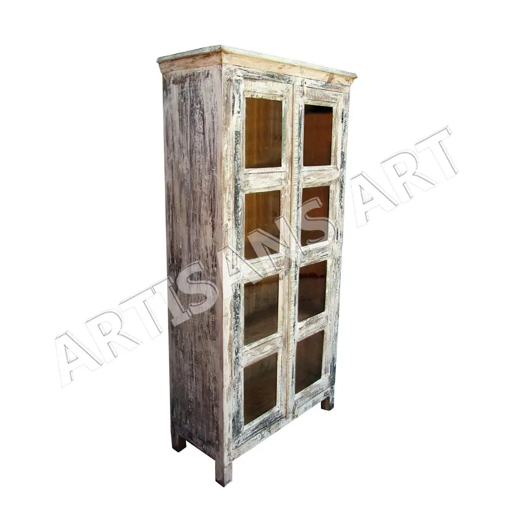 Whitewashed Reclaimed 2 Door Glass Cabinet Hand Finished Antique Wooden Living Room Display Vintage Furniture