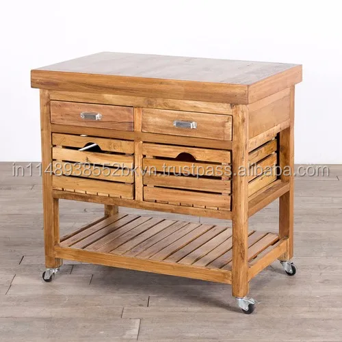 Industrial & Vintage Solid Wood Cart With Caster Wheels And 2 Drawer 2 Slide Baskets Kitchen