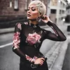 2018 Sexy Sheer Mesh Crop Top Women Flower Embroidered Blouse Shirts long Sleeve Vintage Green/Rose Ladies See-thought blouse