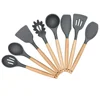 Eco-friendly 8 Piece Kitchen Tool with Wooden Handle Silicone Food Grade Kitchenware