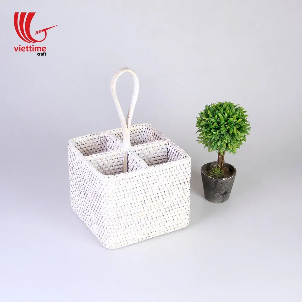 White Square High Quality Rattan Utensil Condiment Caddy Basket