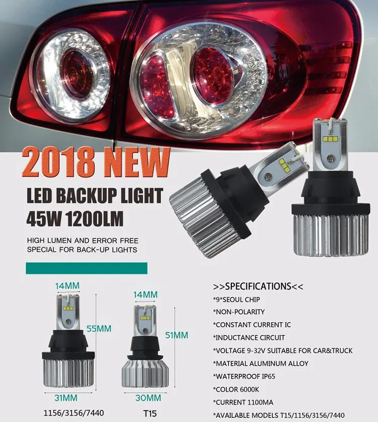 2018 New Led Backup Light Csp Chip 9pcs 45w 1200lm T20 1156 3156 T15