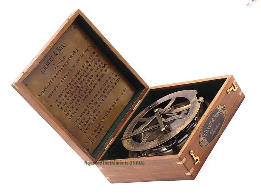 8'' Perfectly Calibrated Big Sundial Compass with Wooden Box Top Grade. 
