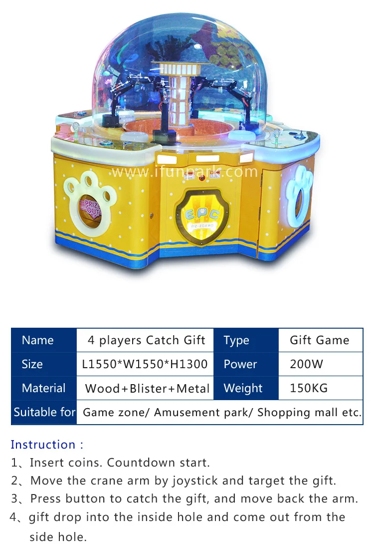 4 Players Coin Operated Arcade Claw Crane Game Machine Catching Toy