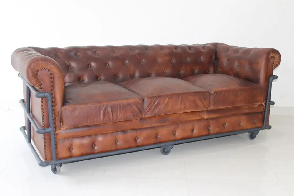 Vintage 3 Sitter Chesterfield Leather Sofa Industrial Genuine Leather