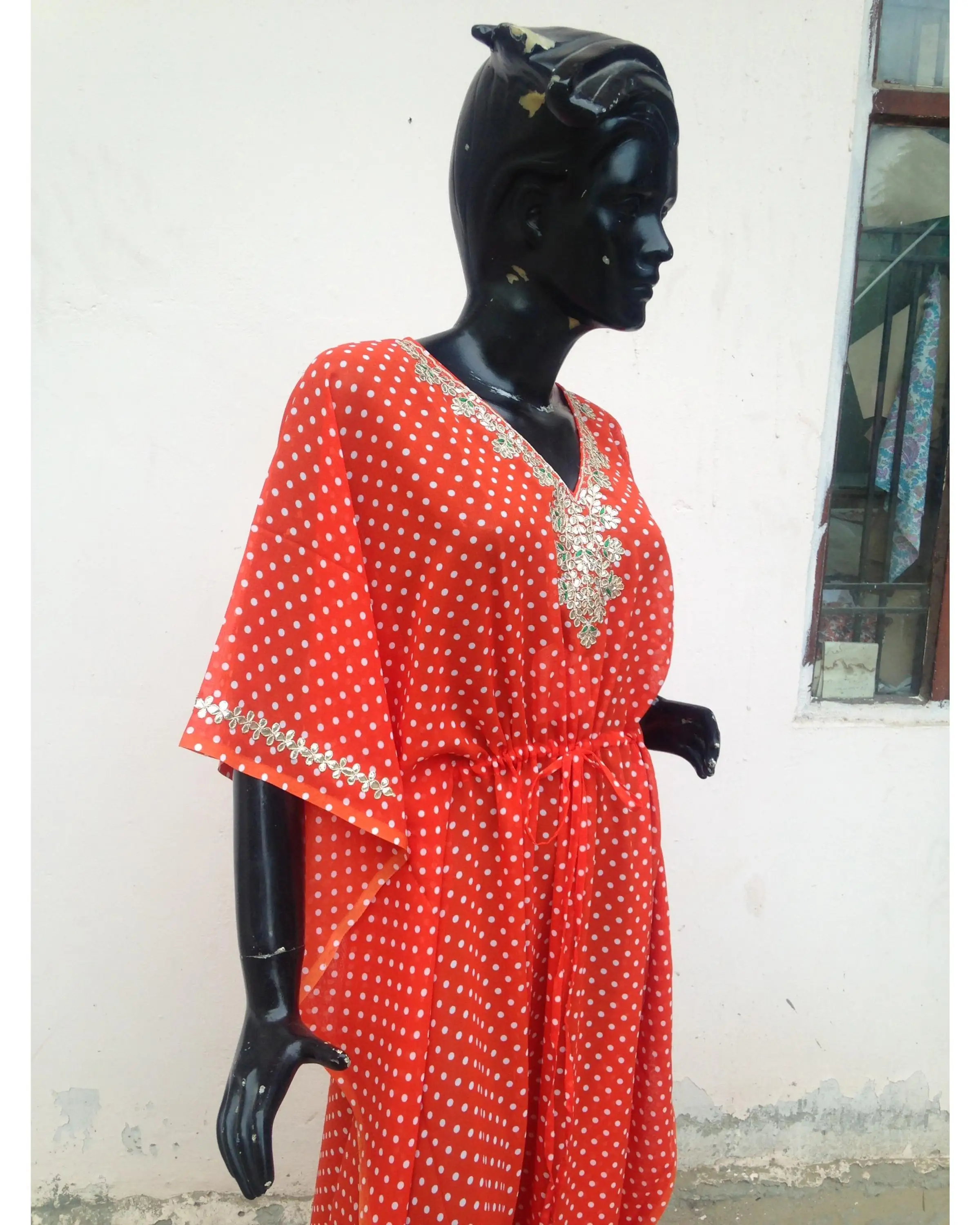 India Jaipur Karni 100% Chiffon Fabric Polka Dot Orange Color Gota Pati ...