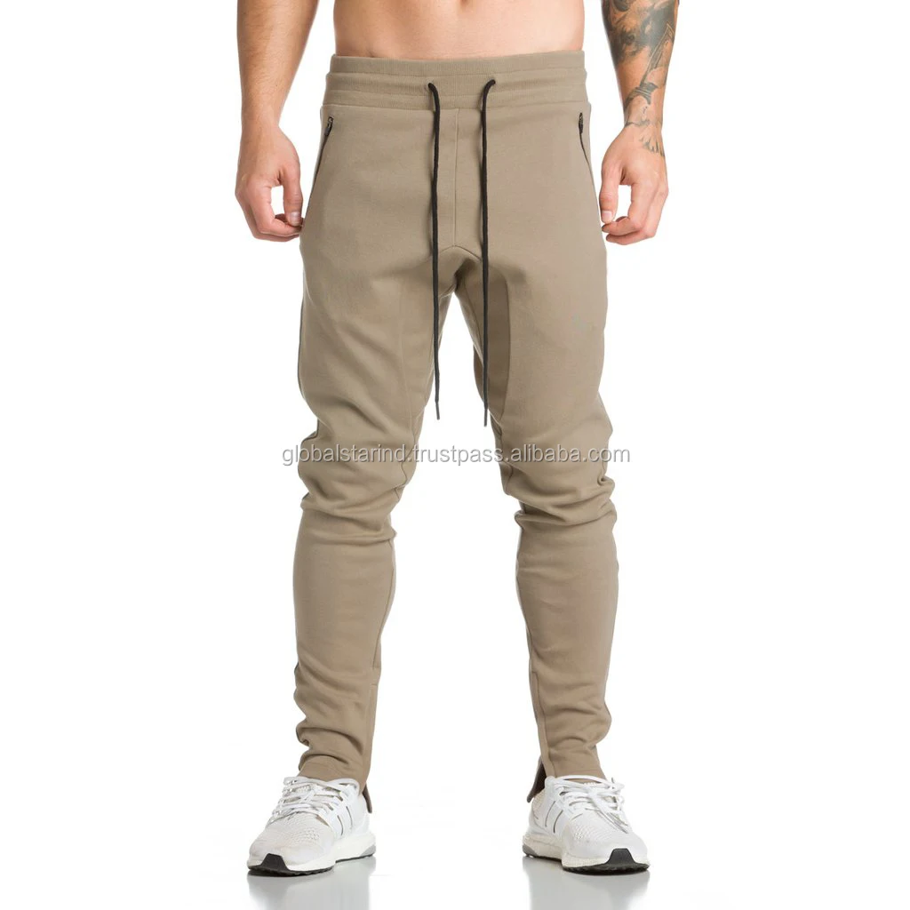 Men Custom Workout Fitness Khaki Sweatpants Tapered Slim Fit Gym Cotton ...