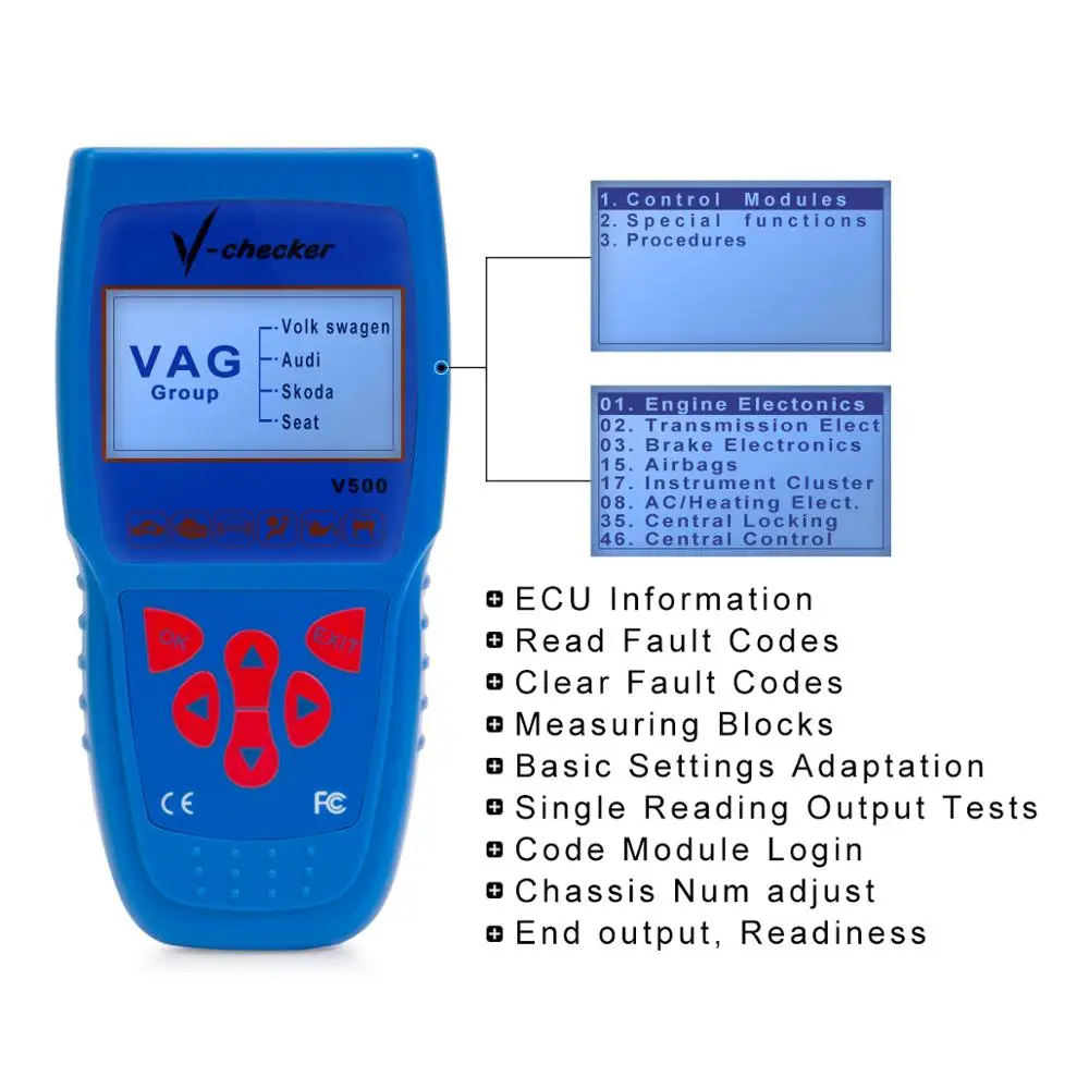 V-checker V500 Auto Code Reader EOBD OBD2 Scanner Scan Tool Testing Engine/Transmission/ABS/Airbag System scanner