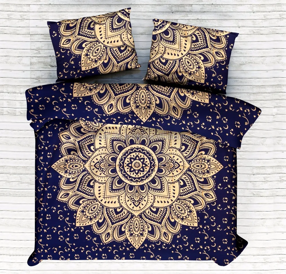 indian handmade ombre mandala print blue gold duvet cover quilt