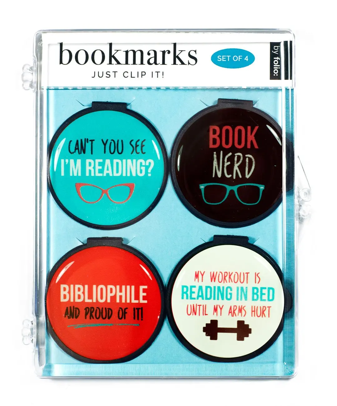 Just Clip it! Quote Bookmarks - (Set of 4 clip over the page markers) - BOOK NERD, MY WORKOUT is READING IN BED, Can't you see I"M READING, BIBLIOPHILE