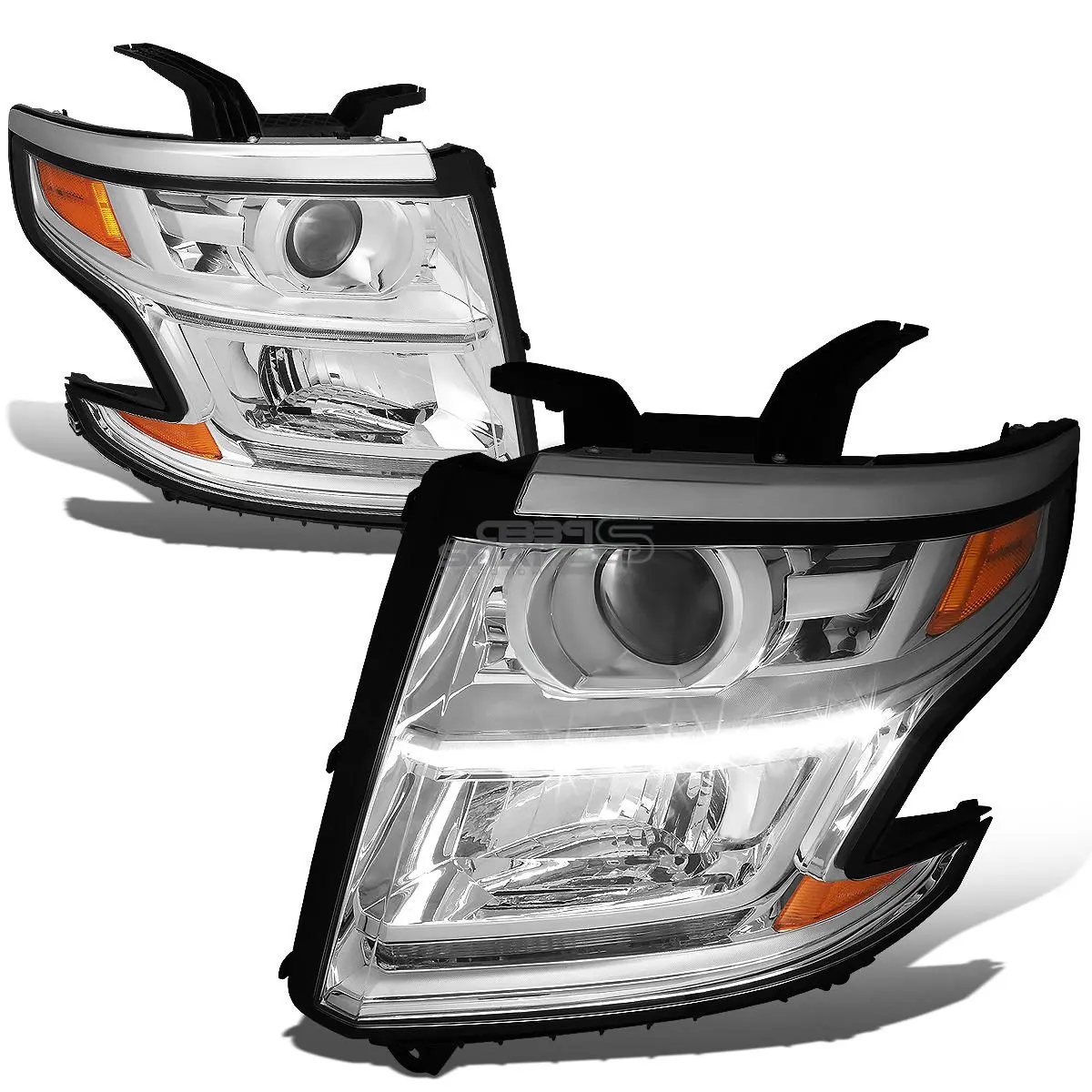 Rxmotor Chevy Tahoe Suburban LED Headlight Projector Front Pair Driver Passenger LH RH Assembly Direct Replacement for 2015 2016 2017 (Amber Chrome)