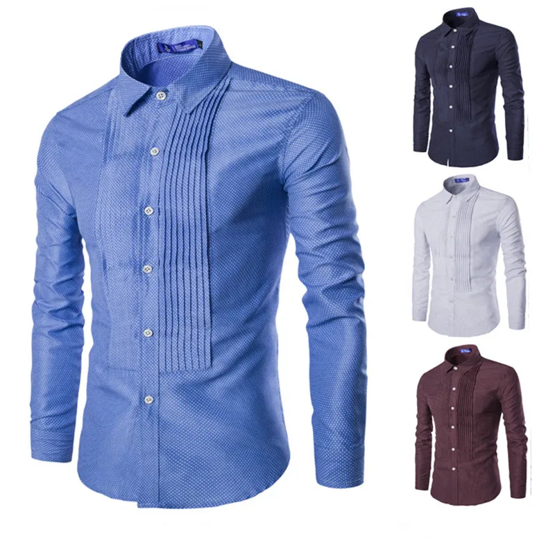 Stylish Mens Dress Shirts Long Sleeve Pleated Slim Fit Spot Printing