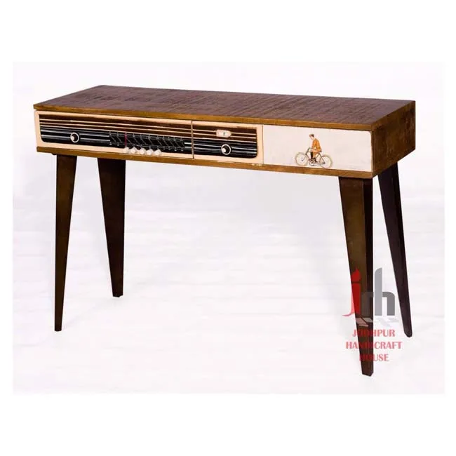 Industrial Vintage Indian Old Wood Top Printed Console Table With