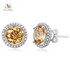 14K White Gold Stud Natural 0.285 Carat Diamonds Halo 2.5 Carat Yellow Topaz Earrings