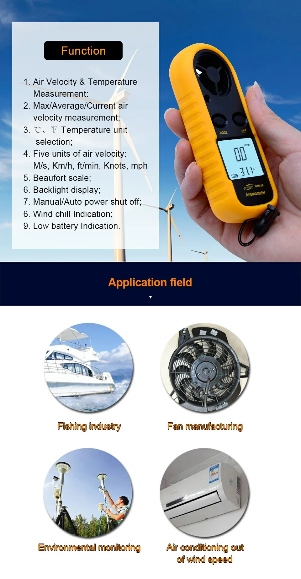 Gm816/gm816a Electronic Wind Anemometer Marine Digital