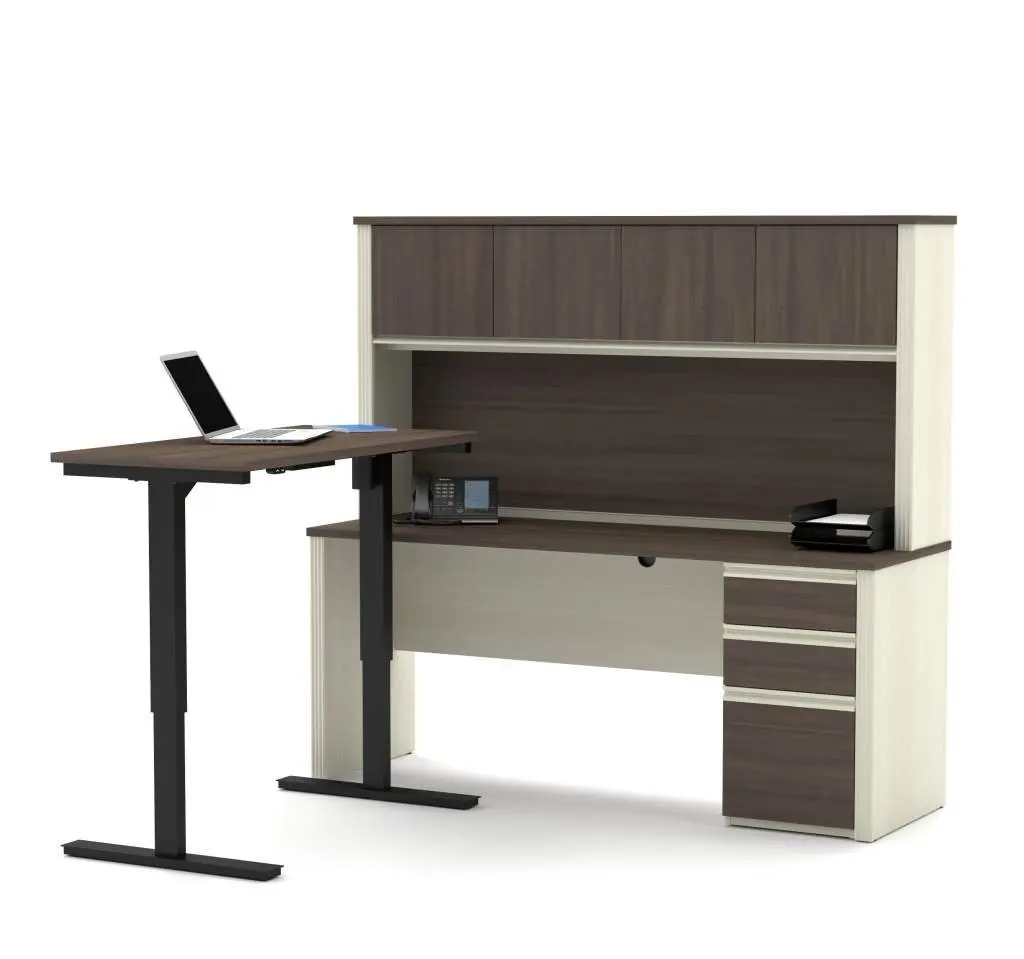 Bestar Sit Stand Desk Overall: 71.1" X 70.9" X 66.9" Credenza : 71.1" X 22.4" X 30.4" Height Adjustable Table : 47.6" X 24" X 28" - 45" - White Chocolate & Antigua