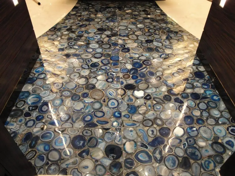 Natural Brazilian Gemstone Floor Tile Design Blue Agate