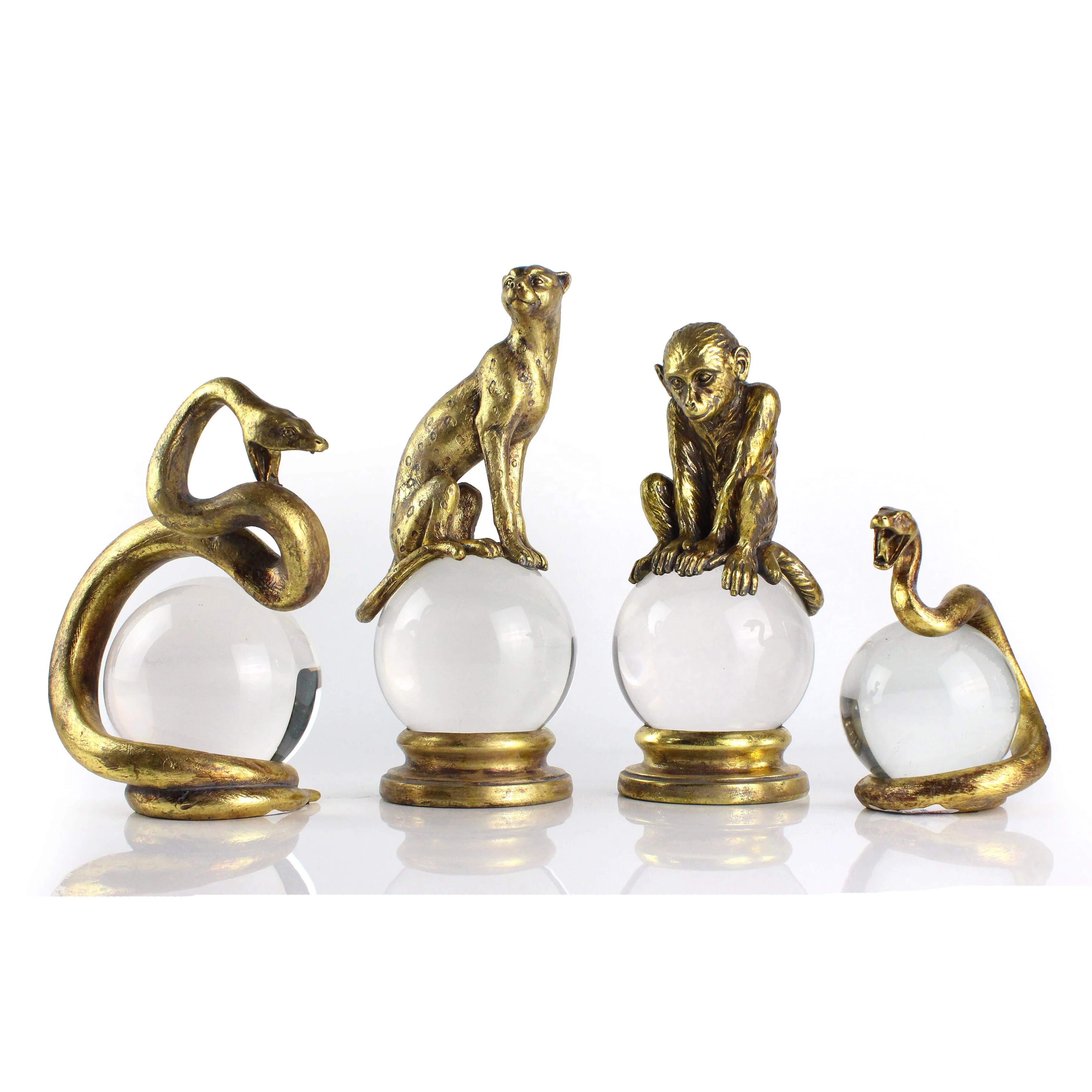 Resin Bronze Animal Crocodile Leopard Monkey Snake Statues with Crystal Ball Home Decor details