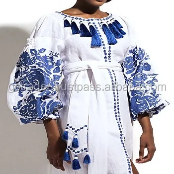 blue and white kaftan dress