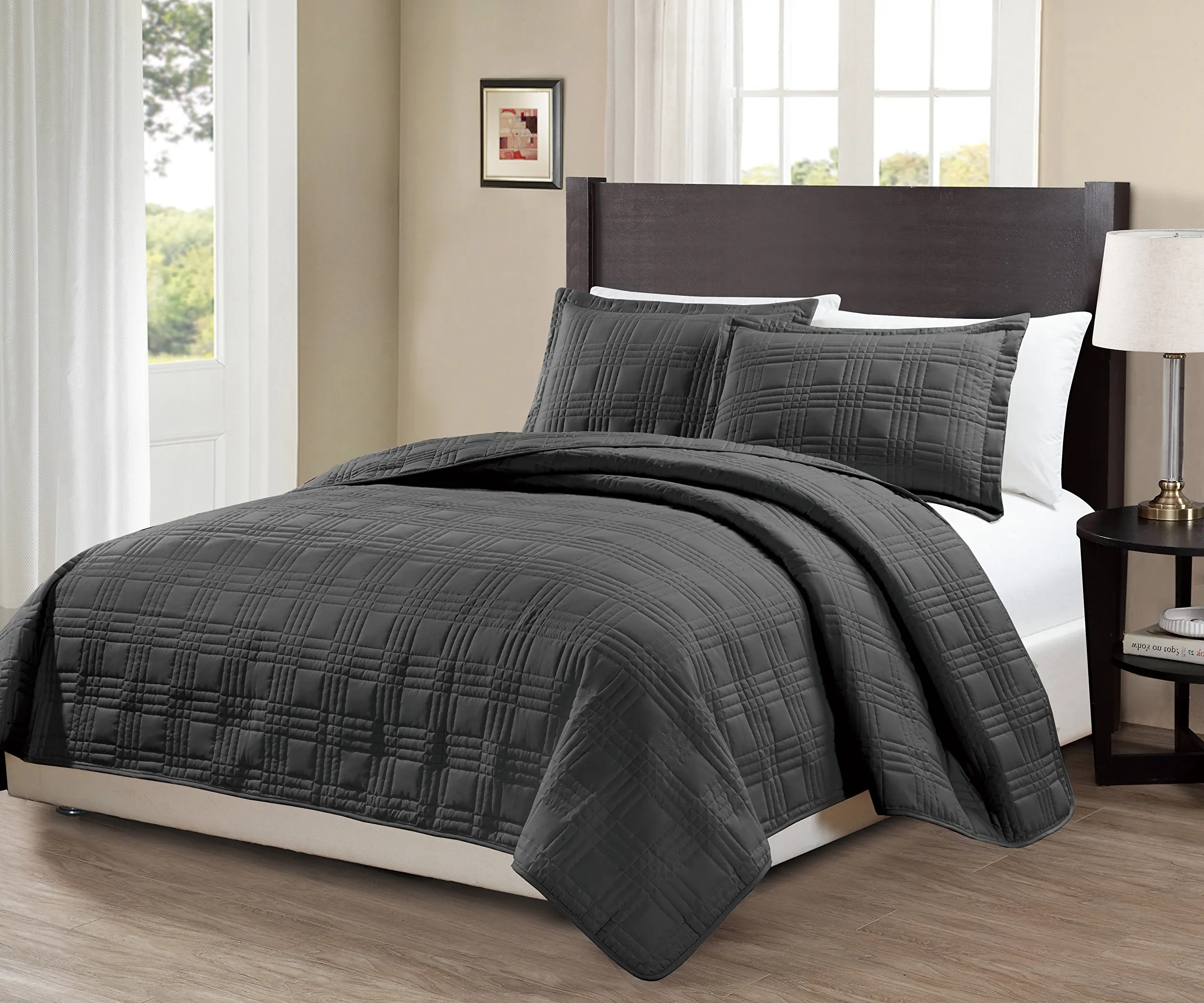 Fancy Collection 3pc King/California King Oversize Quilted Bedspread Coverlet Set Embroidery Solid Dark Gray/Charcoal New