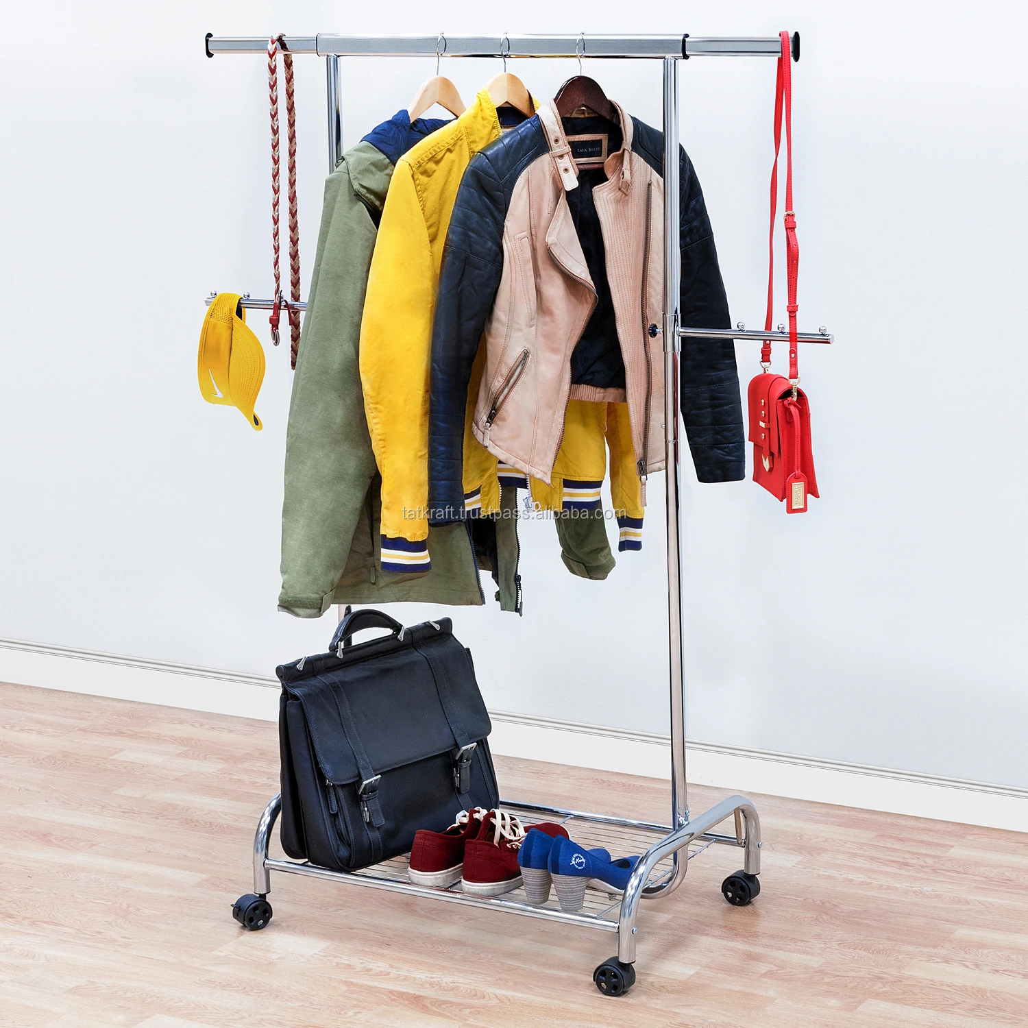 Adjustable Clothes Stand With Wheels And Shoes Rack Tatkraft Bull Heavy Duty Garment Rack Chromed Steel Holds Up To 80kg Tidy Rails