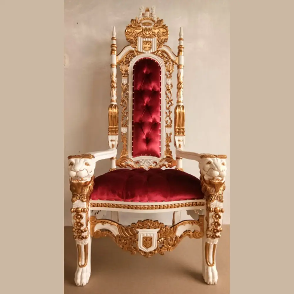 Elegant Lion Head Carved King Throne Chair White Gold Leaves Finishing Indonesian Furniture Clic Chairs