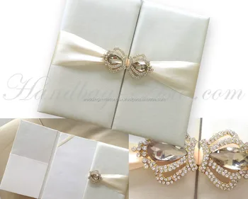 Crown Brooch Embellished Ivory Silk Folio Wedding Invitation Crown Brooch Embellished Ivory Silk Folio Wedding Invitation