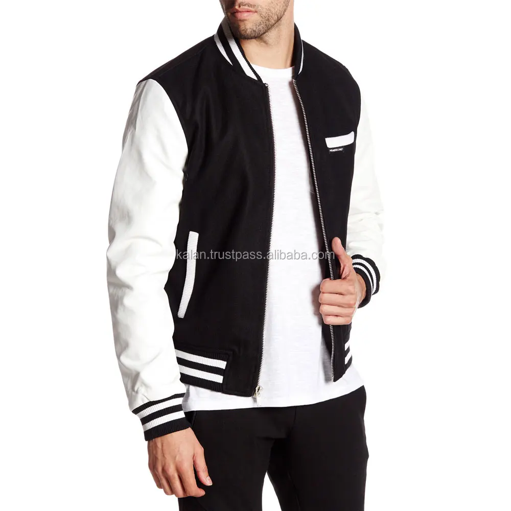 Customized Varsity Jacket Men in Black Wool & White Leather 