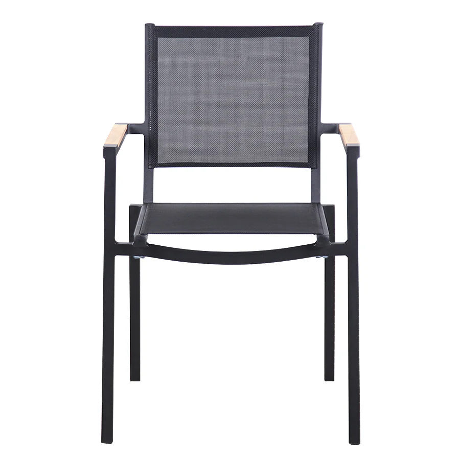 Contact Grade Aluminum Sling Outdoor Dining Chair With Teak Arms For
