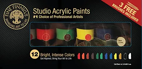 Artist Paint Set with 12 Vivid (75 ml) Colors and 3 Free Brushes. This Fine Finnicus Acrylic Paint Set is The Perfect Artist's Tool for Students, Hobbyist, and Great for Kids!