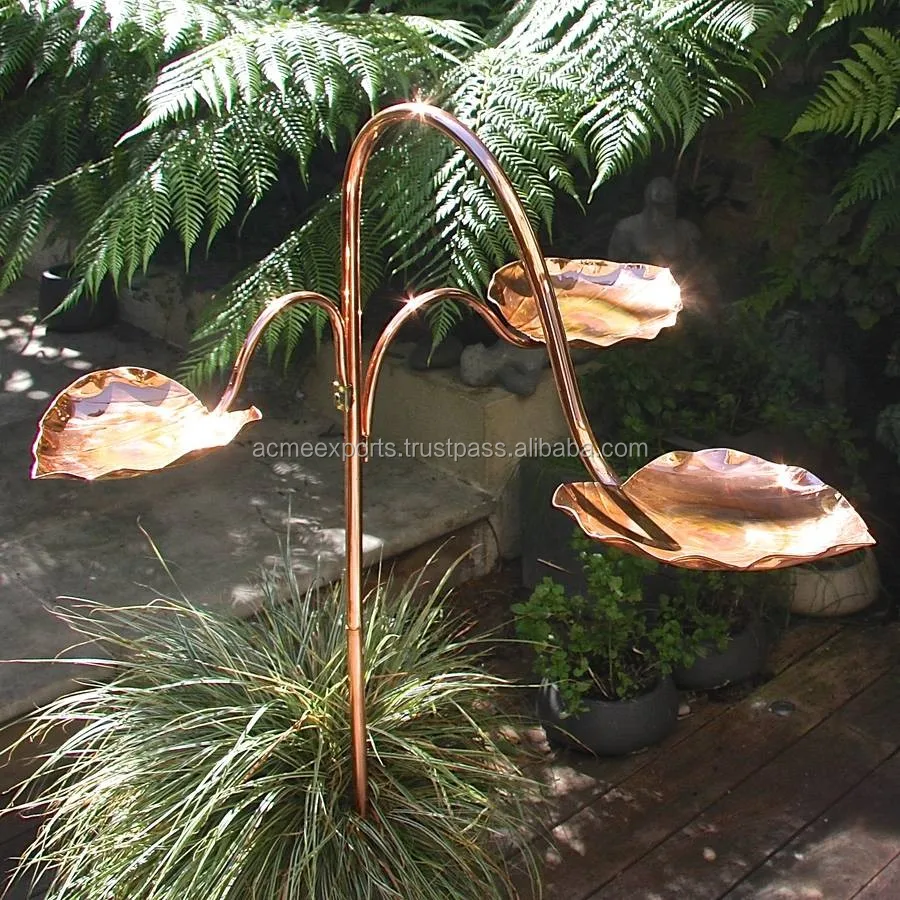 Copper Bird Bath Garden Stake Copper Bird Water Feeder Station Leaf