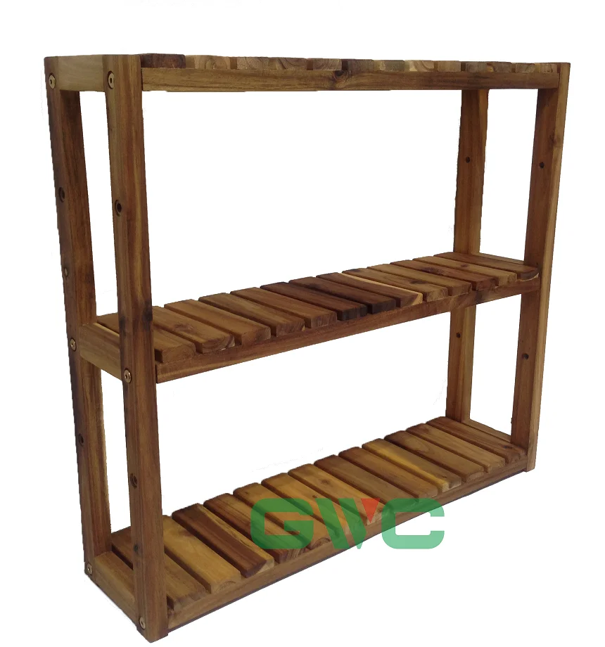 Adjustable Acacia Wood Shelving Unit 3 Layers Bathroom Shelf Wall