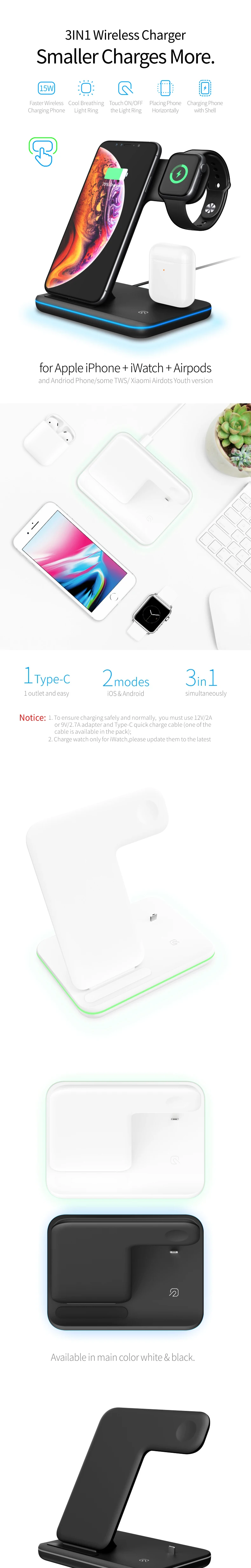 UUTEK Z5 Dropshipping Products 15W Fast Charging 3in1 Wireless Charger for Cellphone Smartwatch Earphone with LED Light